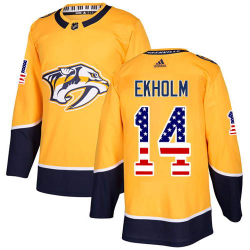 Adidas Predators #14 Mattias Ekholm Yellow Home Authentic USA Flag Stitched NHL Jersey - Click Image to Close
